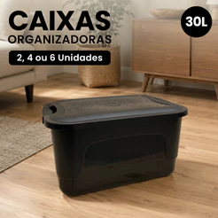 Kit até 6 Caixas Organizadoras de 30L Preta com Tampa e Trava Cesto Multiuso para Casa Quarto Lavanderia