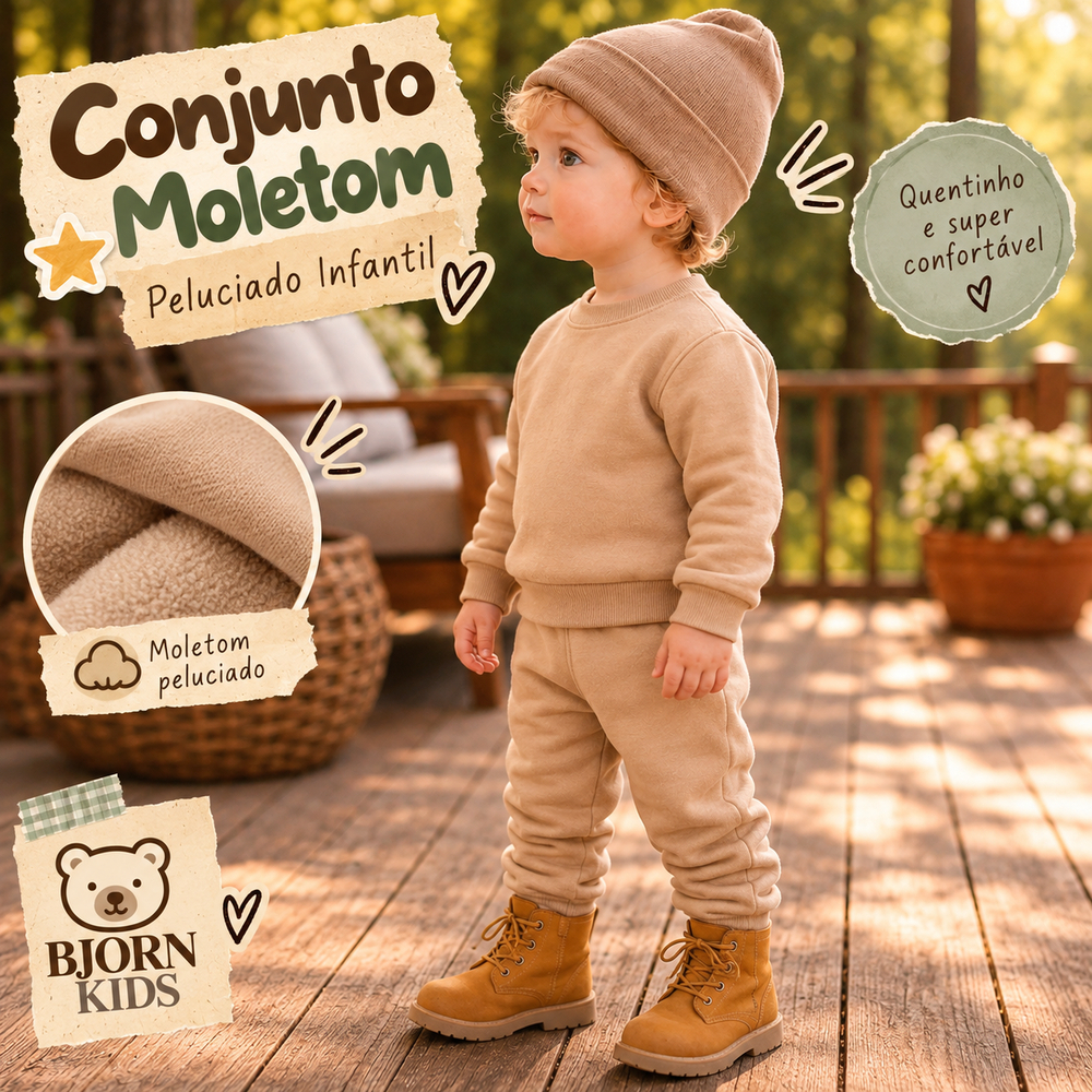 Conjunto Moletom Peluciado Infantil 1-4 anos | Blusa + Calça Quentinho Unissex Tons Neutros