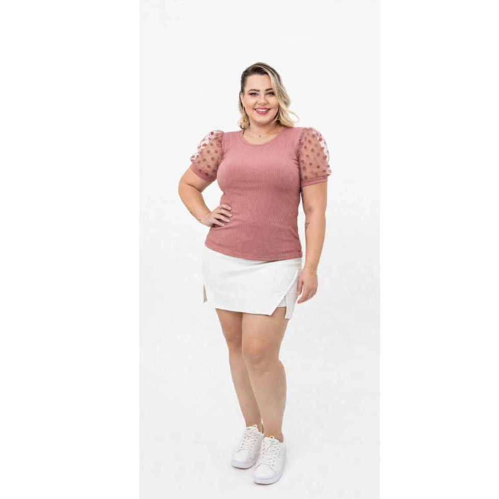 Blusa Blusinha Manga Curta Tule Poa Bolinha Bufante Feminina