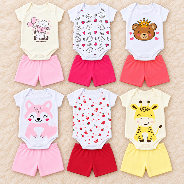 Kit 6 Peças Roupa de Bebê Menina 100% Algodão (3 Body Manga Curta 3 Shorts) Sortido P ao GG