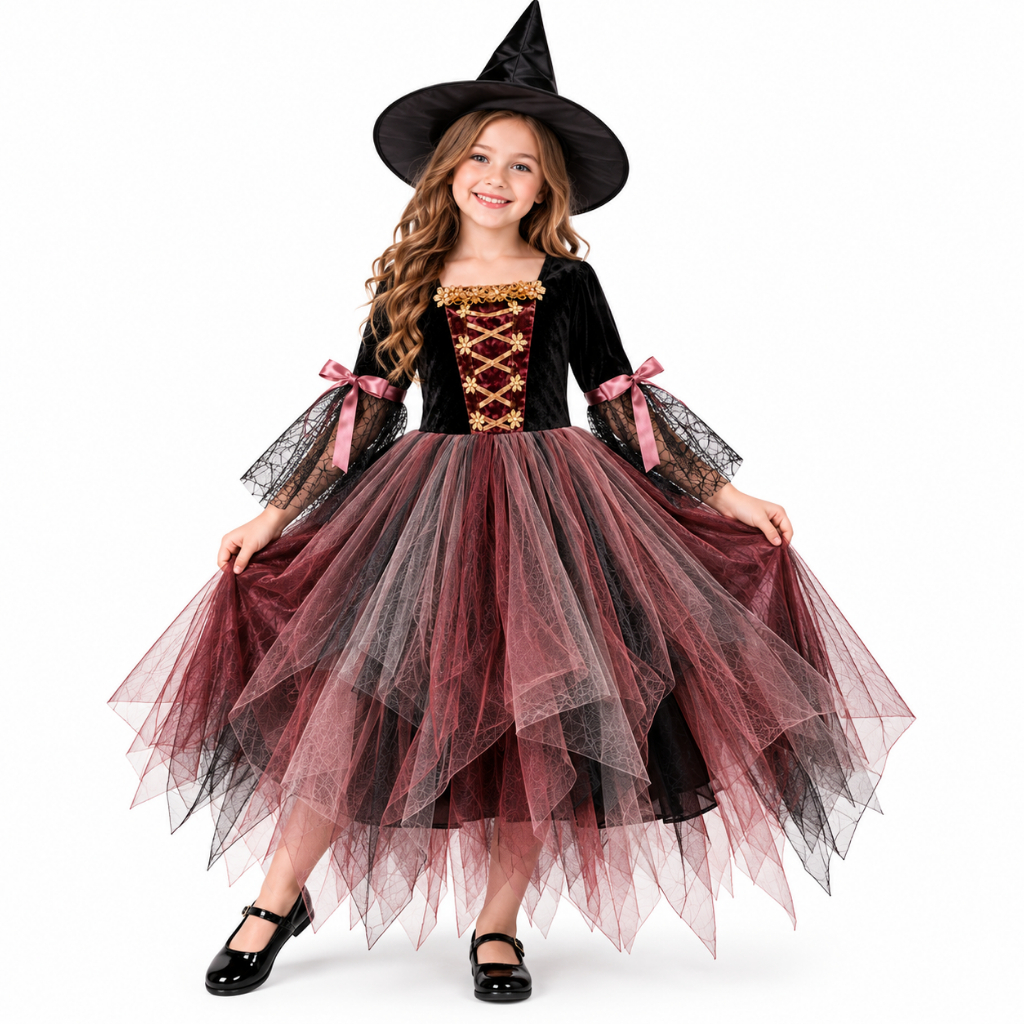 fantasia infantil de menina Vestido de bruxa em roxo e preto com chapéu de bruxa Para Halloween, festa e escola cosplay