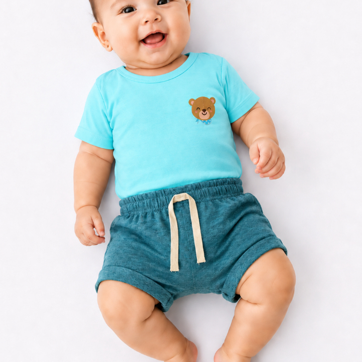 Conjunto Bebê Menino Camiseta Manga Curta + Short com Cordão – Algodão, Estampa Ursinho, Cores Variadas