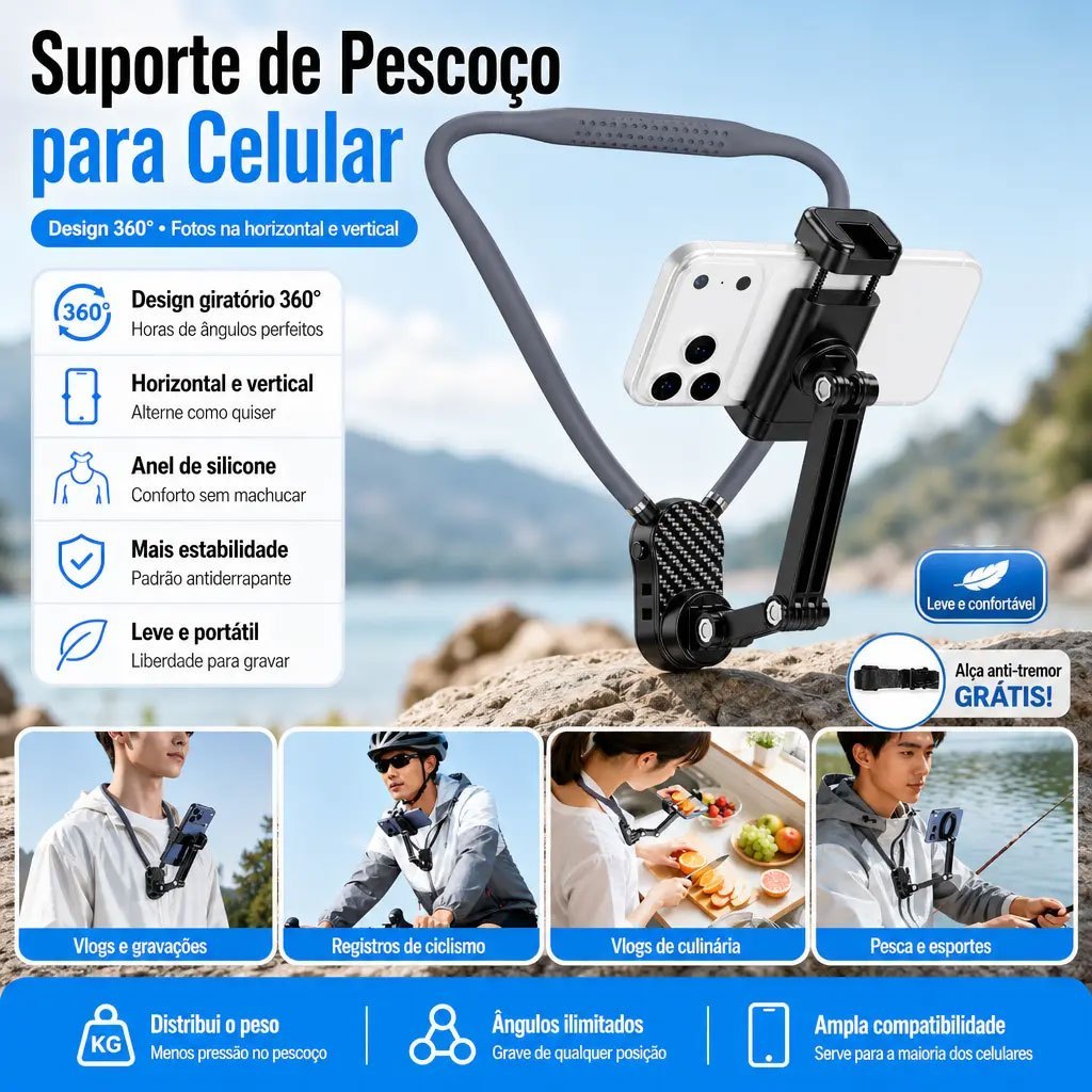 Suporte de Pescoço para Celular e Câmera de Ação 360° Ajustável, Mãos Livres para Gravação POV, Vlog e Esportes