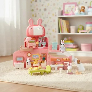 Mochila que vira Casinha Feliz Rosa Portátil Infantil Faz de Conta 2 Bonecas Coelhinhos Zoop Toys