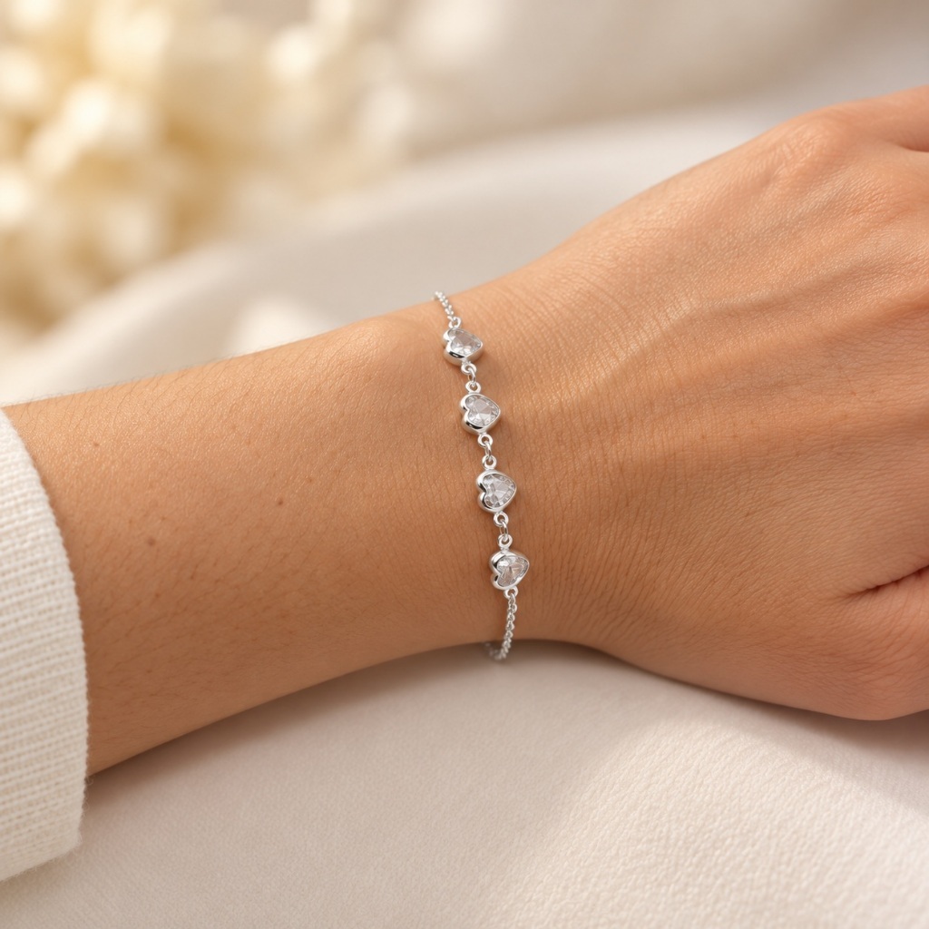Pulseira Prata 925 Coração Zircônia Branca Feminina 18cm