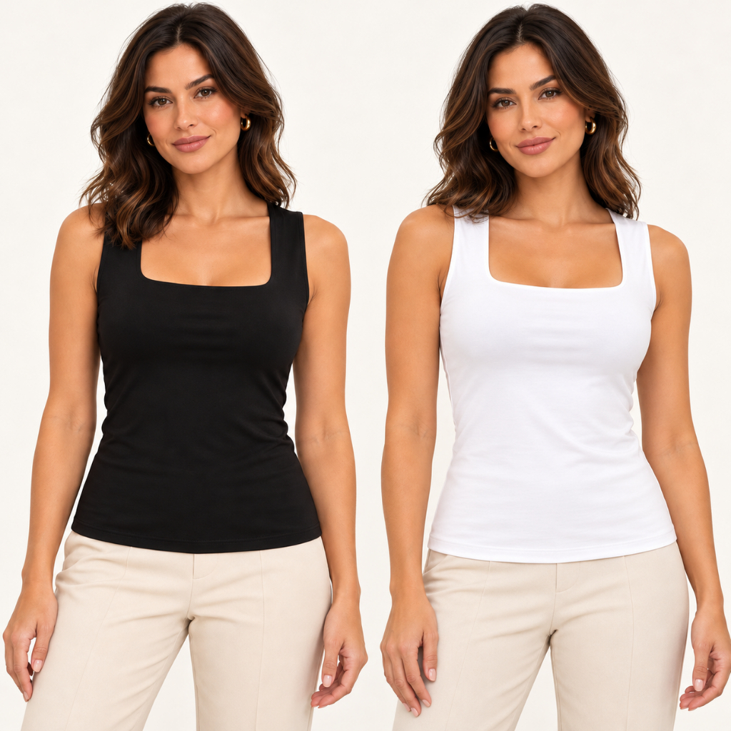 kit 2 Blusa Regata Feminina Decote Quadrado Básica Moda Elegante Blusinha Suplex Forro Academia Social