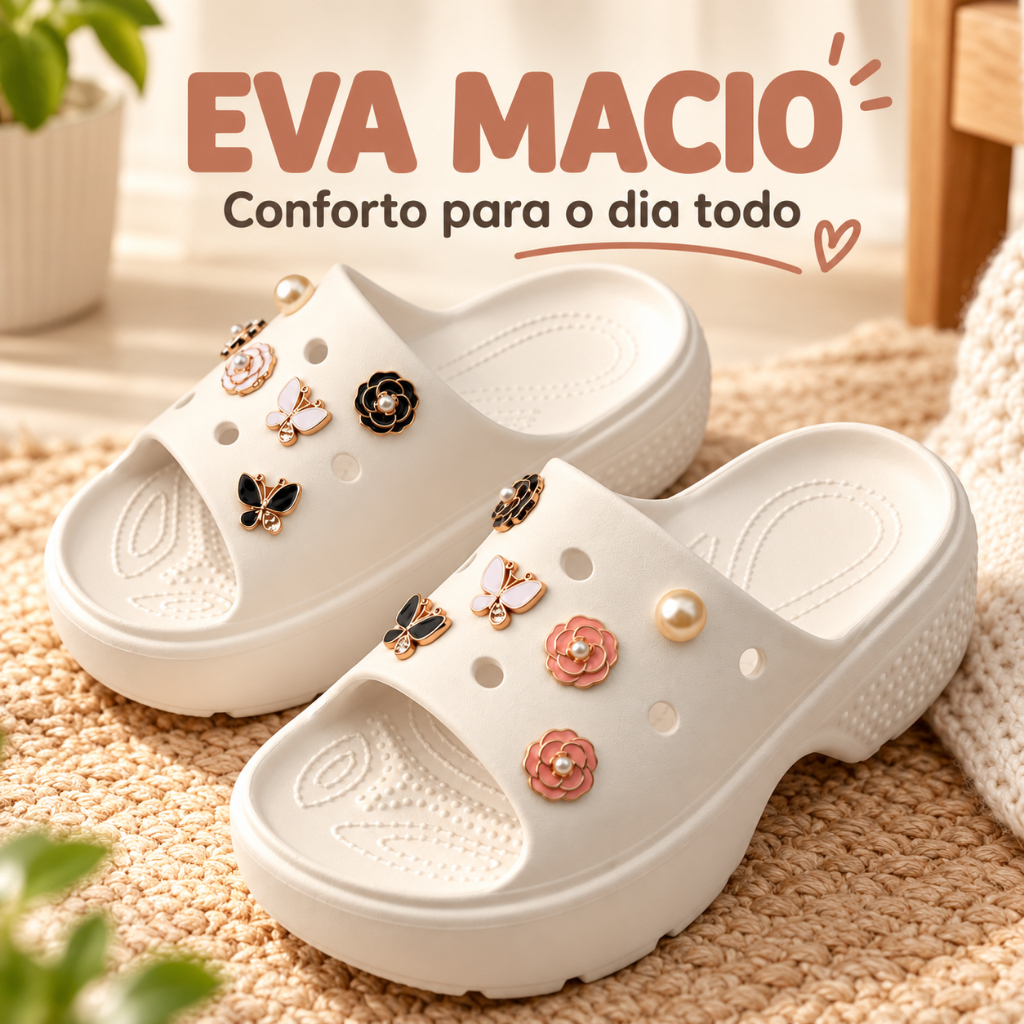 Slide Feminino Solado Tratorado Plataforma, EVA Leve Confortável com Acessórios Florais, Acabamento Antiderrapante