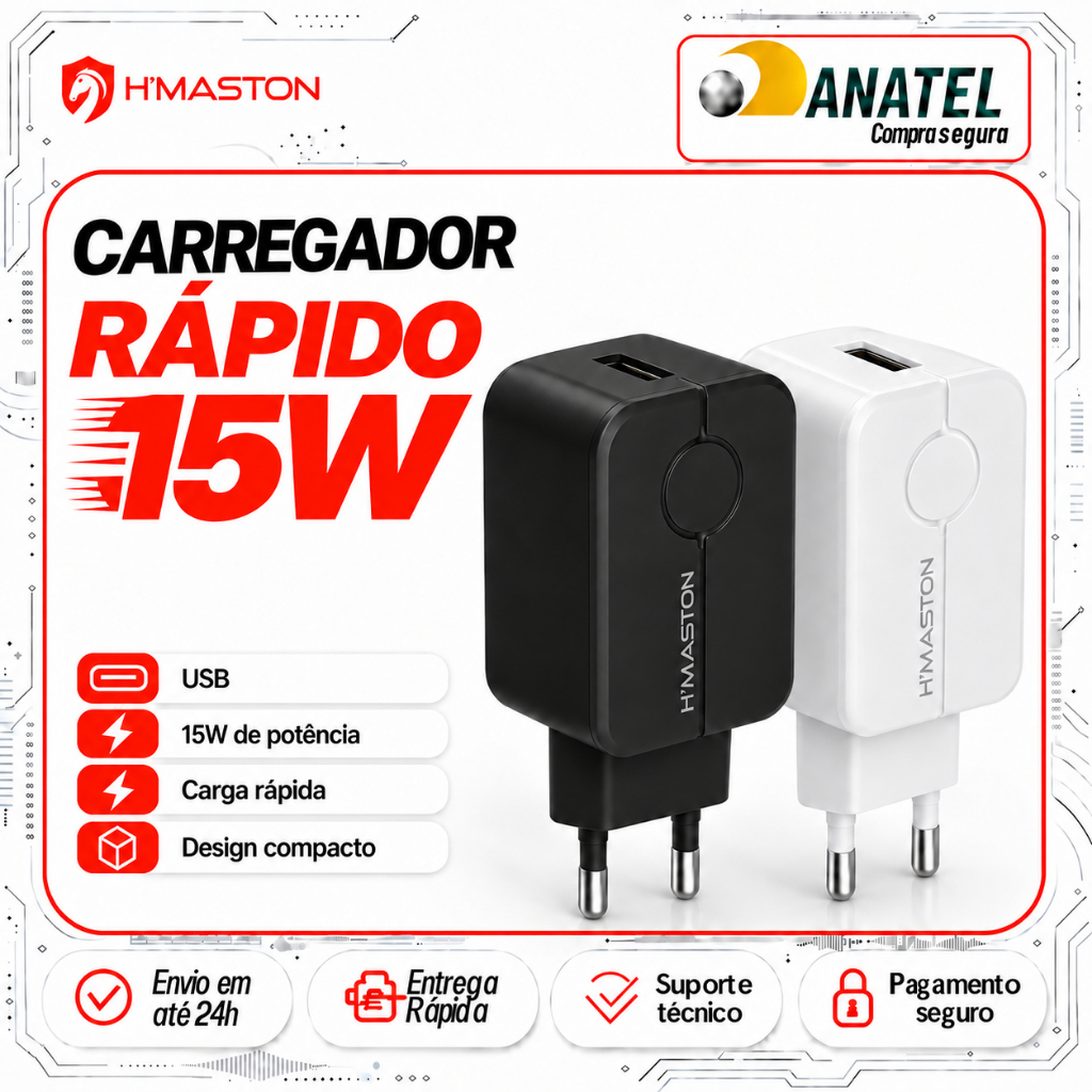 Fonte Carregador Rápido 15W USB Tomada Bivolt para Celular Smartphone Android iPhone USB 3.1A Branco H'Maston LR22-4
