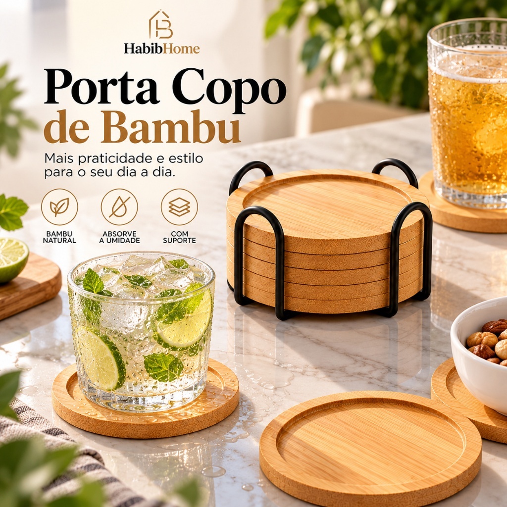 Kit Porta Copos De Bambu 4 E 6 Unidades Com Suporte Redondo E Octogonal Premium Decorativo Elegante