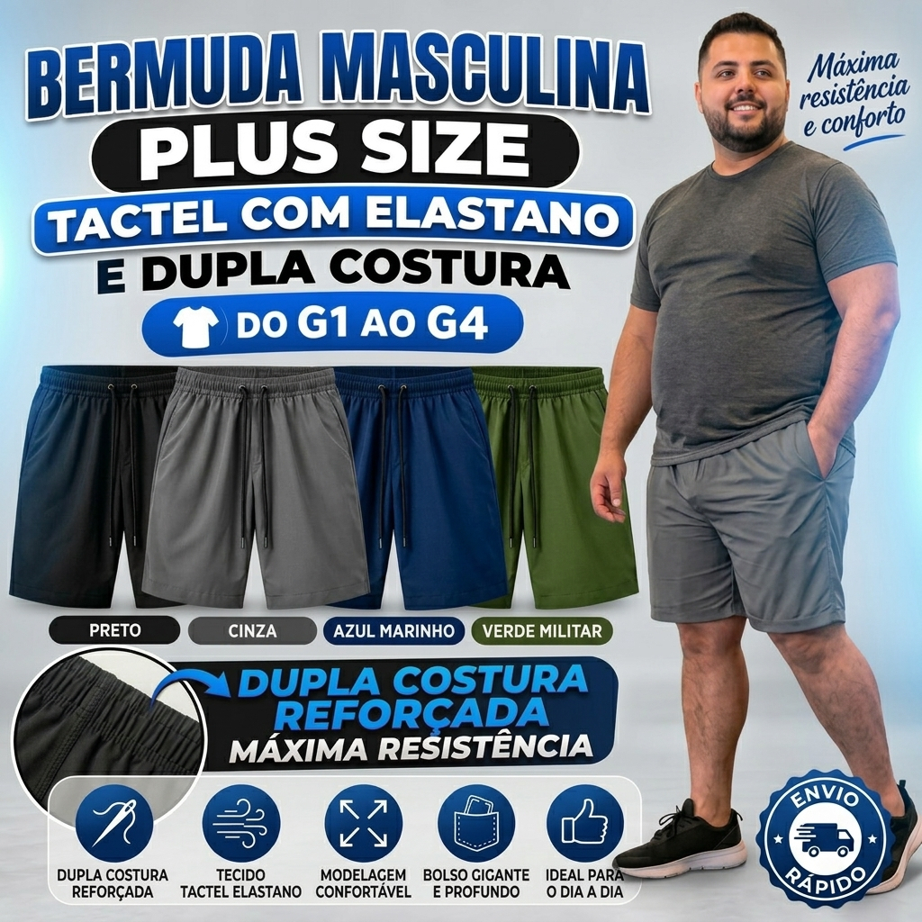 Bermuda Masculina Plus Size G1 G2 G3 G4 Tactel com Elastano Academia Treino Praia Piscina Pesca Casual Secagem Rápida