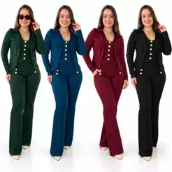 Conjunto Feminino 3 Pecas Blazer,Cropped e Calça no Tecido Jacquard