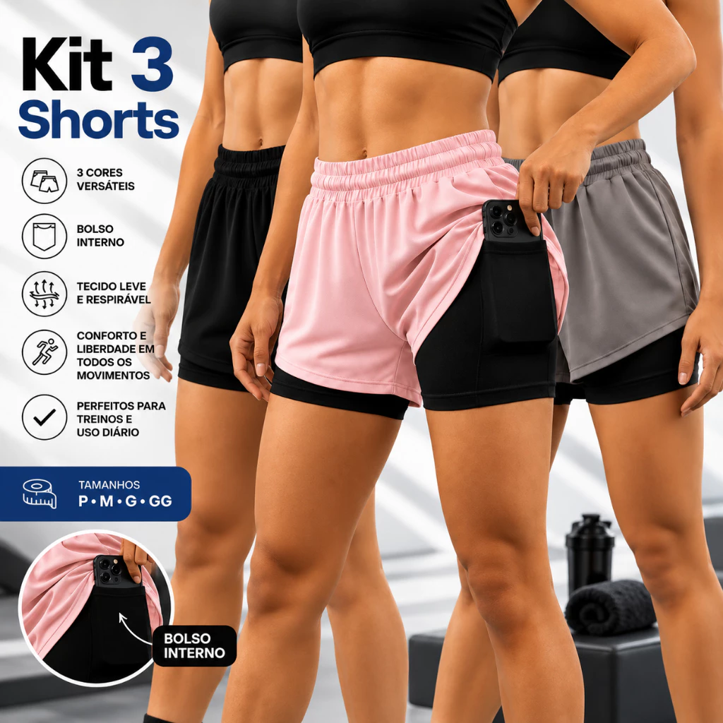 Kit 3 Shorts Feminino Dry Fit com Bolso para Celular | Academia, Corrida, Caminhada e Treino