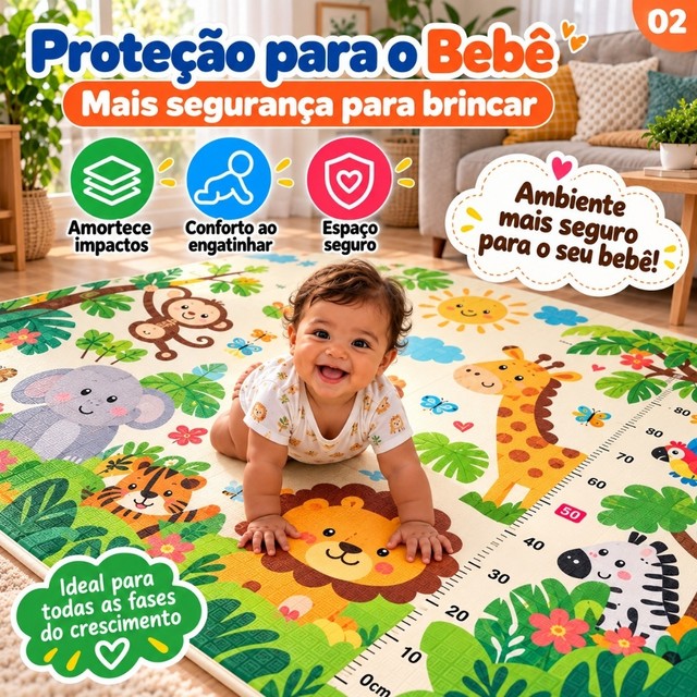 Tapete infantil dupla face dobrável 200×180×0,8 cm antiderrapante e anti-impacto
