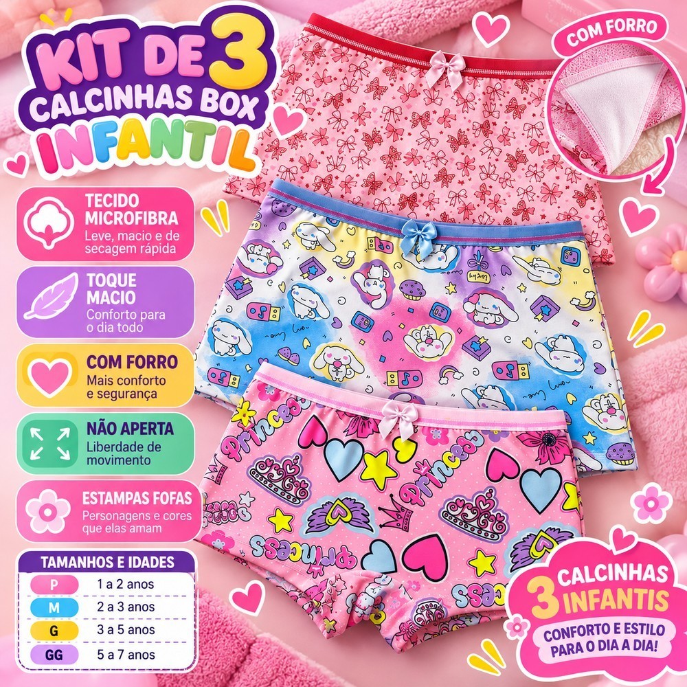Kit 3 Calcinhas Boxer , Box Shortinho Infantil Feminina , menina - Microfibra com Forro – Estampas Fofas, Macias e Confo