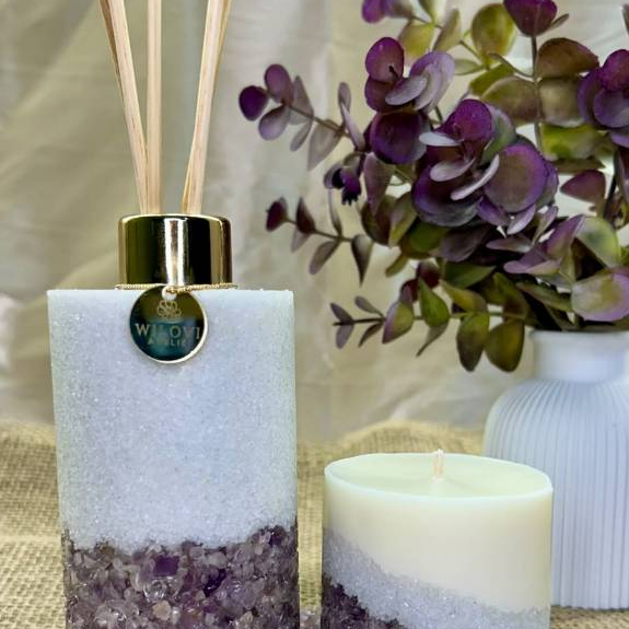 KIT AROMATIZADOR + VELA EM QUARTZO, DOLOMITA BRANCA + BANDEJA – SOFISTICAÇÃO, EQUILÍBRIO E ELEGÂ