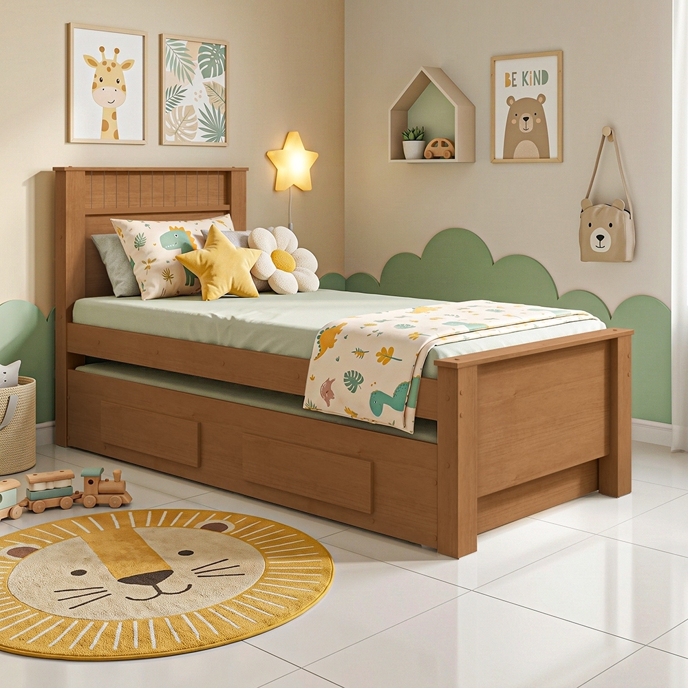 Imagem Cama Solteiro Athenas com cama auxiliar Amêndoa Clean/off - Móveis Lopas