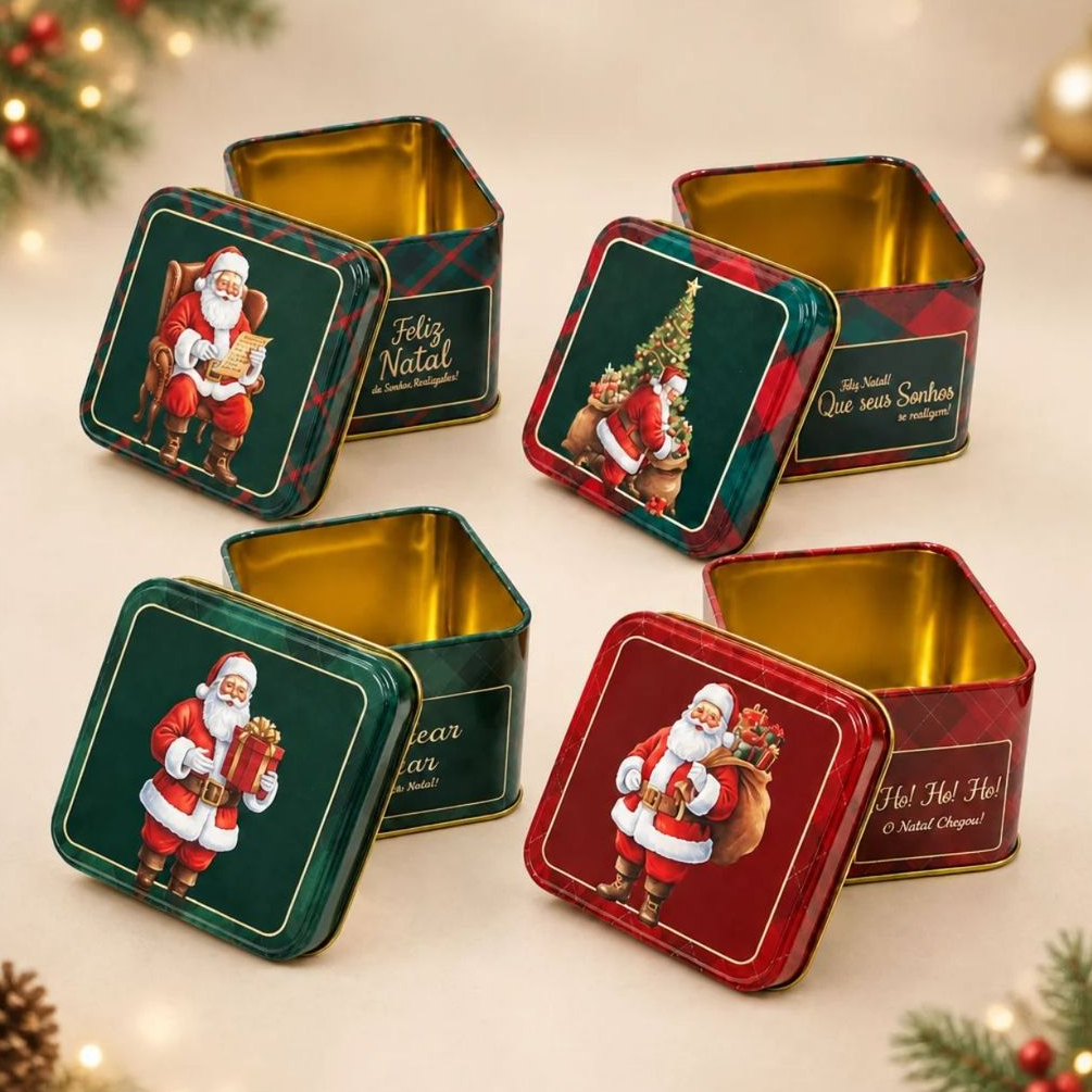 Kit 4 Latas Natalinas de Metal - 8x6,3cm - Lembrancinha, Presente de Natal, Embalagem para Doces e Decoração - Rizzo