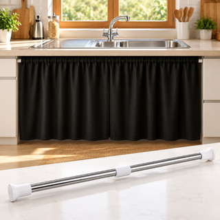 Kit Cortina Pia Cozinha + Varão extensível Impermeável PVC Blackout Pressão 70 a 1,20 m 1,10 a 2,00m