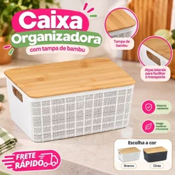 Cesto Caixa Organizadora 4L Trame Plástico Tampa De Bambu Quarto Escritório Lavanderia - Oikos
