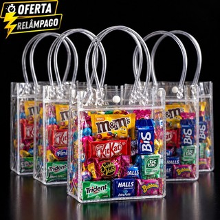 Kit 5/10/15/20/30 Sacola Transparente para lembrancinhas Presentes 15cmx16cmx7cm Fecho em Botão PVC Reutilizável Festas