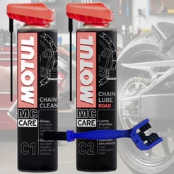 Kit Motul C1 Chain Clean 400ml + C2 Chain Lube Road 400ml + Escova Limpeza Corrente De Transmissão Moto