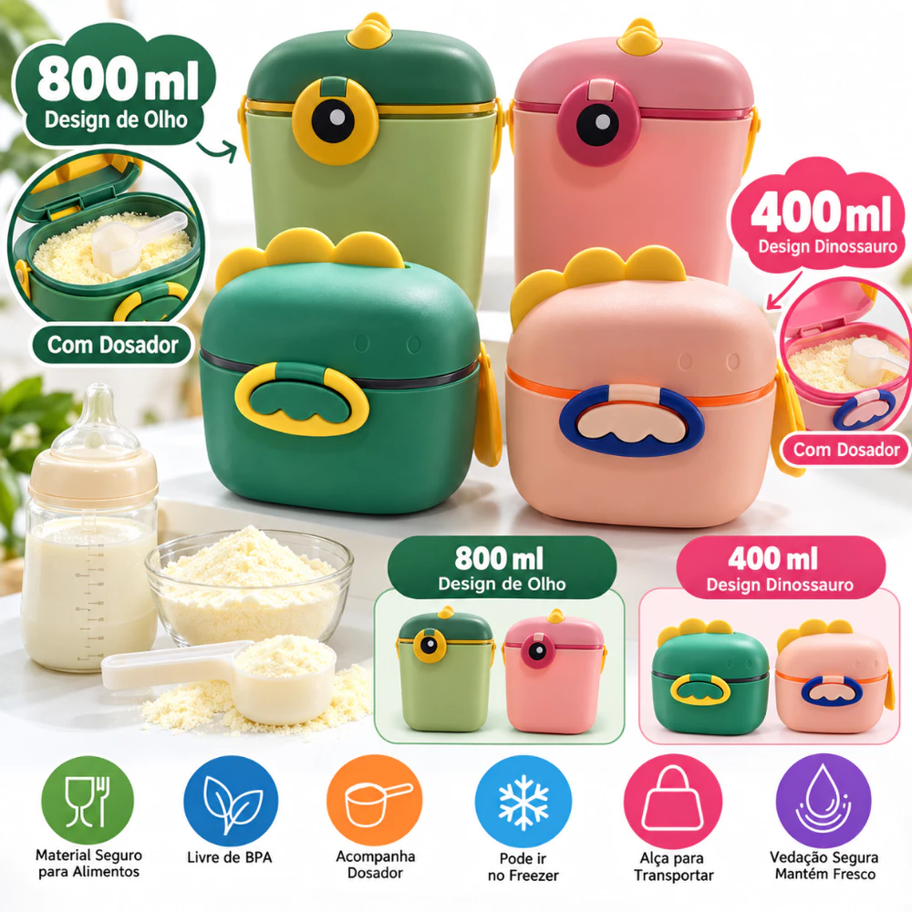 Porta Pote Leite em Pó Bebê Portátil com Dosador | Pote Hermético BPA Free