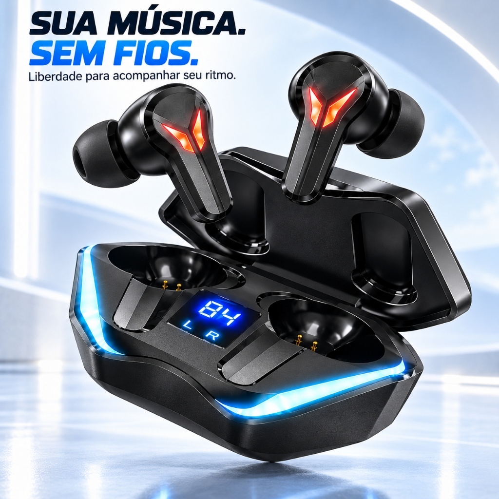 Fone Bluetooth Gamer TWS Sem Fio com Case Display LED e Carregamento USB-C para Celular Notebook Tablet Música e Jogos