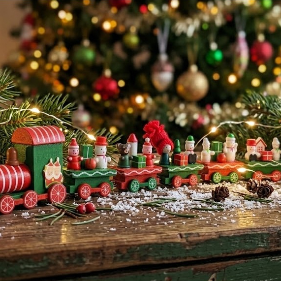Trenzinho de Natal em Madeira com 7 Vagões Decorativos e Design Colorido para Decoração 41cm
