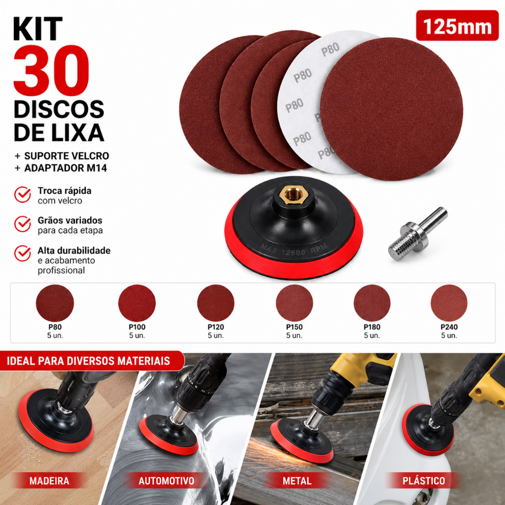 Kit 30 Discos Lixa 125mm + Suporte Velcro Furadeira Lixadeira Esmerilhadeira Adaptador M14