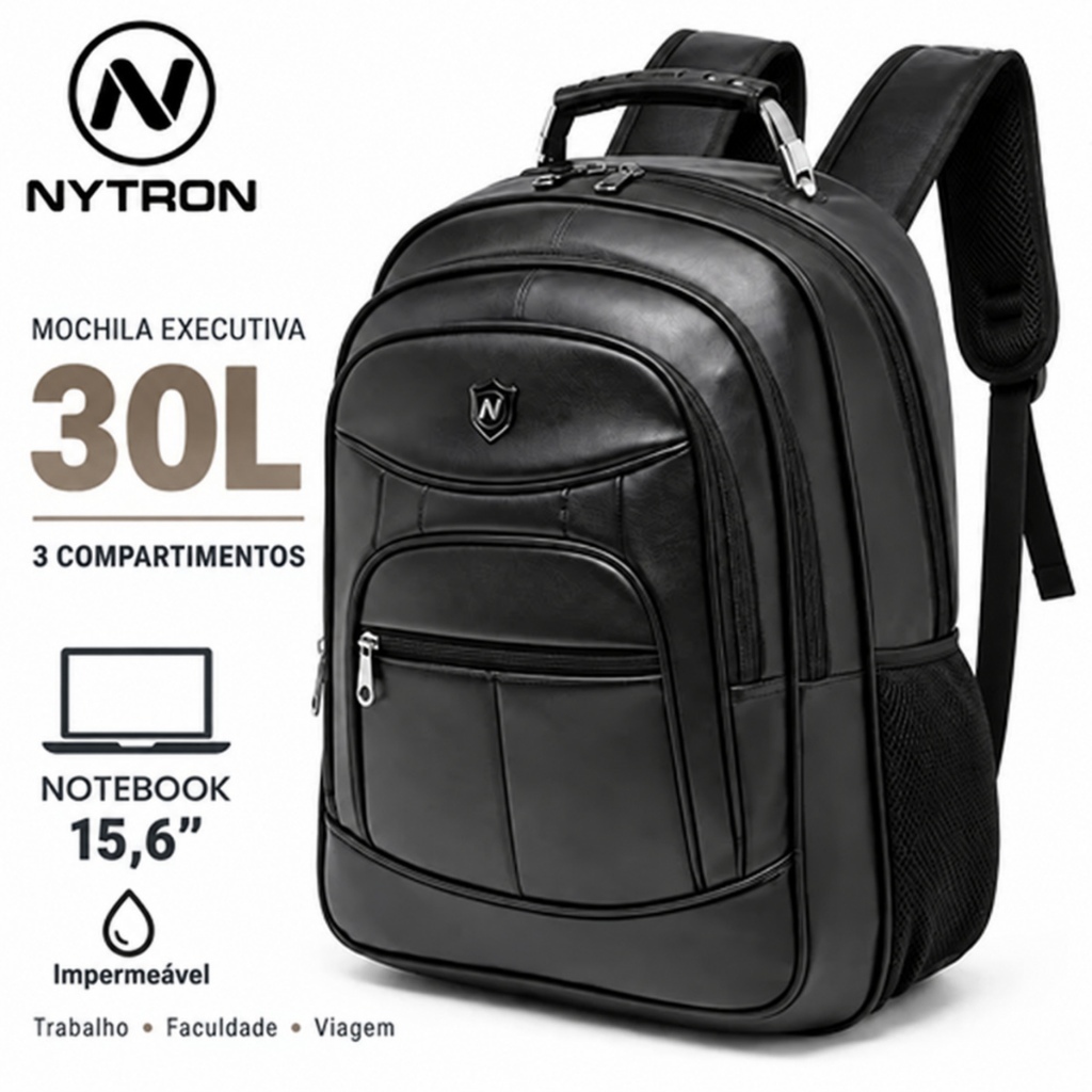 Mochila Masculina PU Impermeável Resistente Grande Reforçada 30L Executiva Escolar Nytron Backpack Notebook