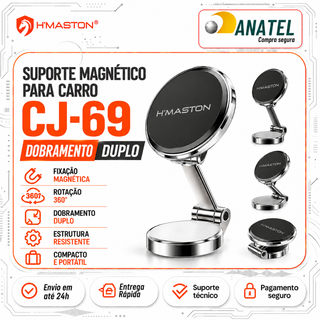 Suporte Veicular Magnético Celular 360° Articulado Dobrável Duplo Para Carro Mesa Universal H'Maston CJ-69