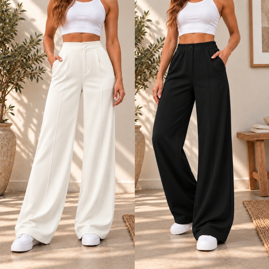 Calça Feminina Pantalona  Wide Leg Cintura Alta Tecido Crepe dunas P ao GG Também no tecido Linho
