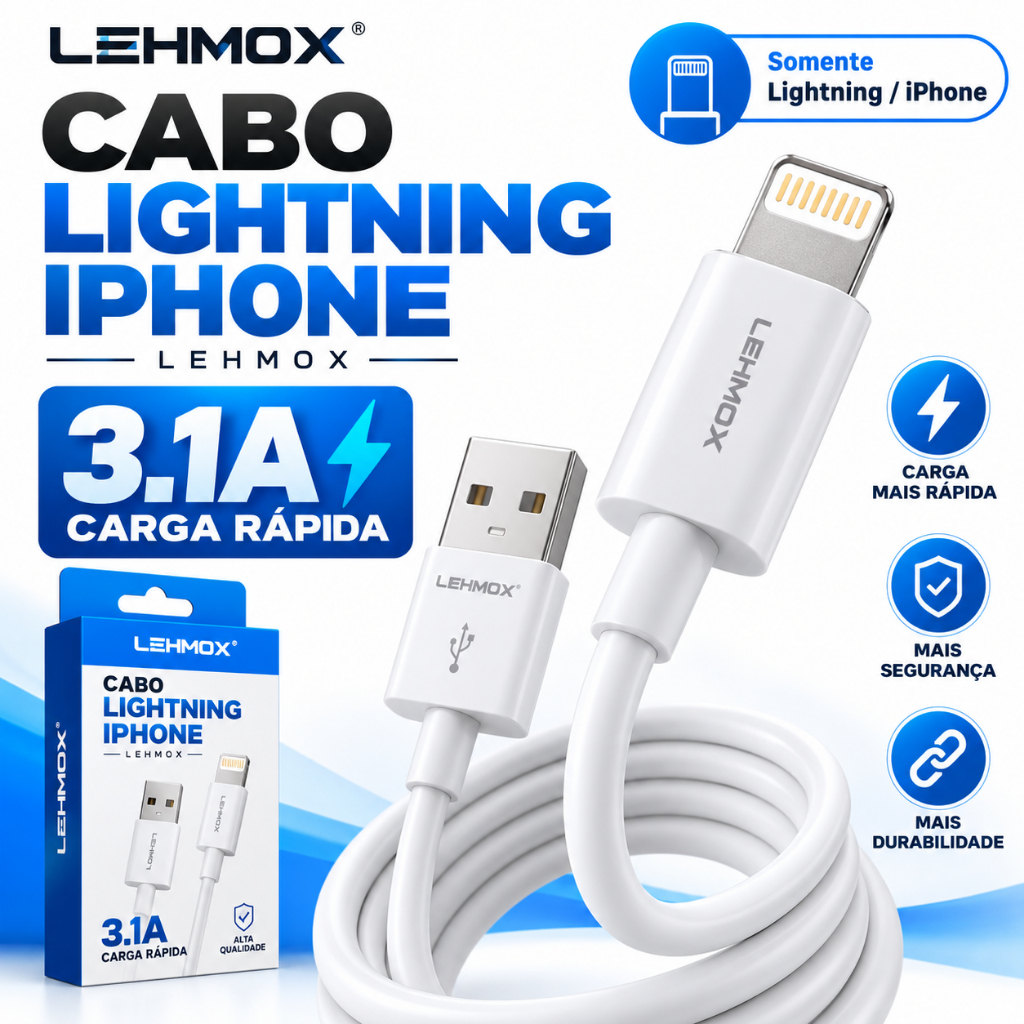 Cabo Lightning para iPhone Lehmox 3.1A Carga Rápida Cabo para Carregador iPhone 6 7 8 X XR 11 12 13 14