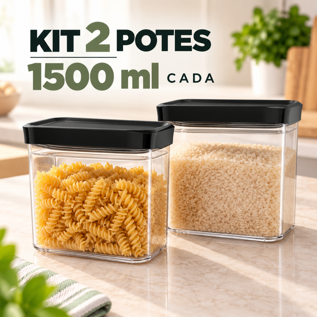 Kit 2 Potes Herméticos 1,5L – Tampa Vedada e Empilhável | Organize Açúcar, Café, Grãos e Farinhas com Visibilidade Total