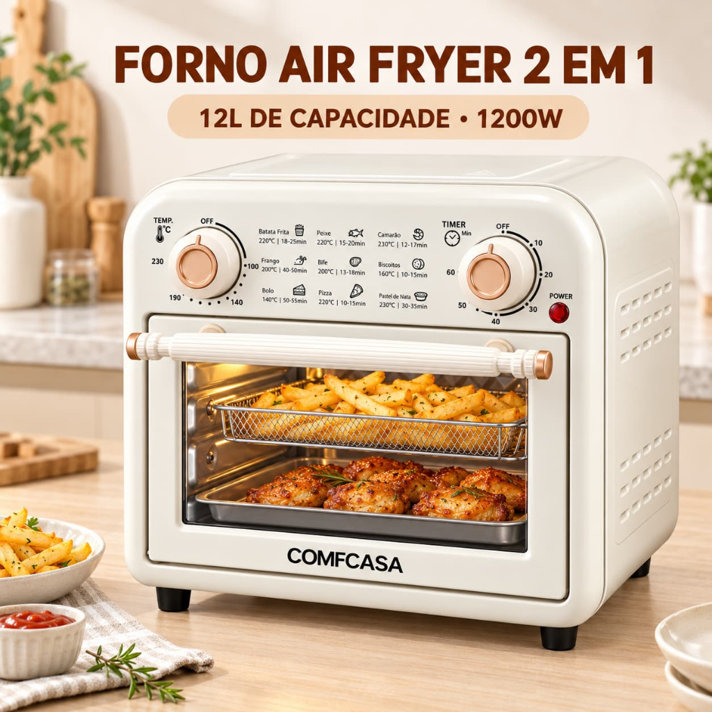 Forno Elétrico Air Fryer 12L 1200W 3 em 1 com Timer 60 Min COMFCASA