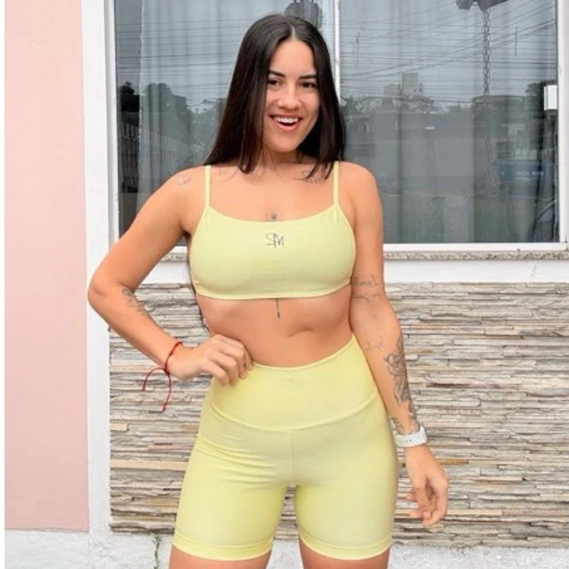 Conjunto Nayara Fitness Top Slim + Short Microcanelado Roupa de Academia