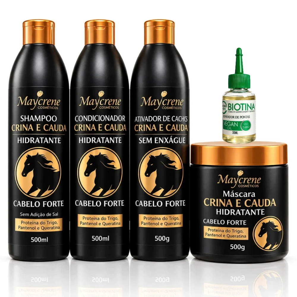 Maycrene Crina e Cauda Kit Shampoo Condicionador Máscara Fortalecimento Hidratação Brilho Cabelo Forte