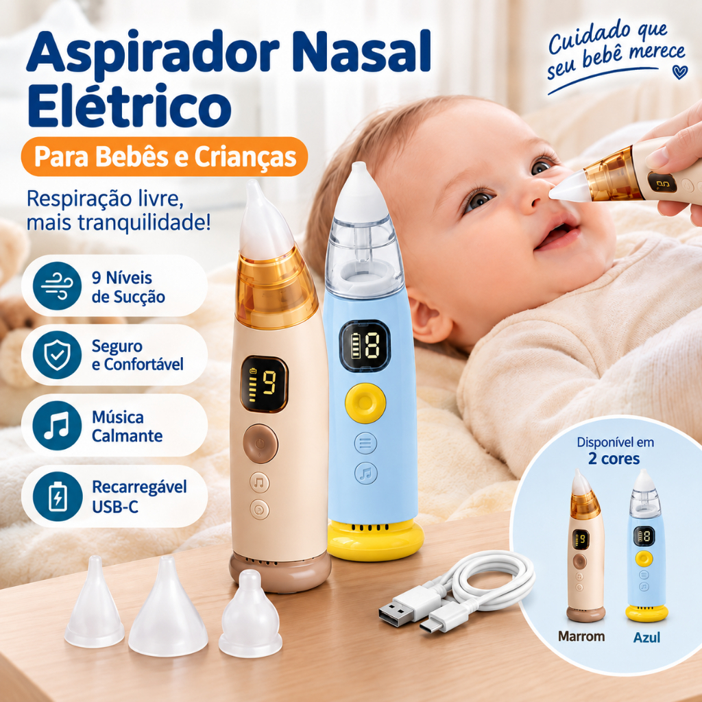 Aspirador Nasal Elétrico Bebê Infantil Recarregável 9 Níveis De Sucção 3 Bicos De Silicone USB-C