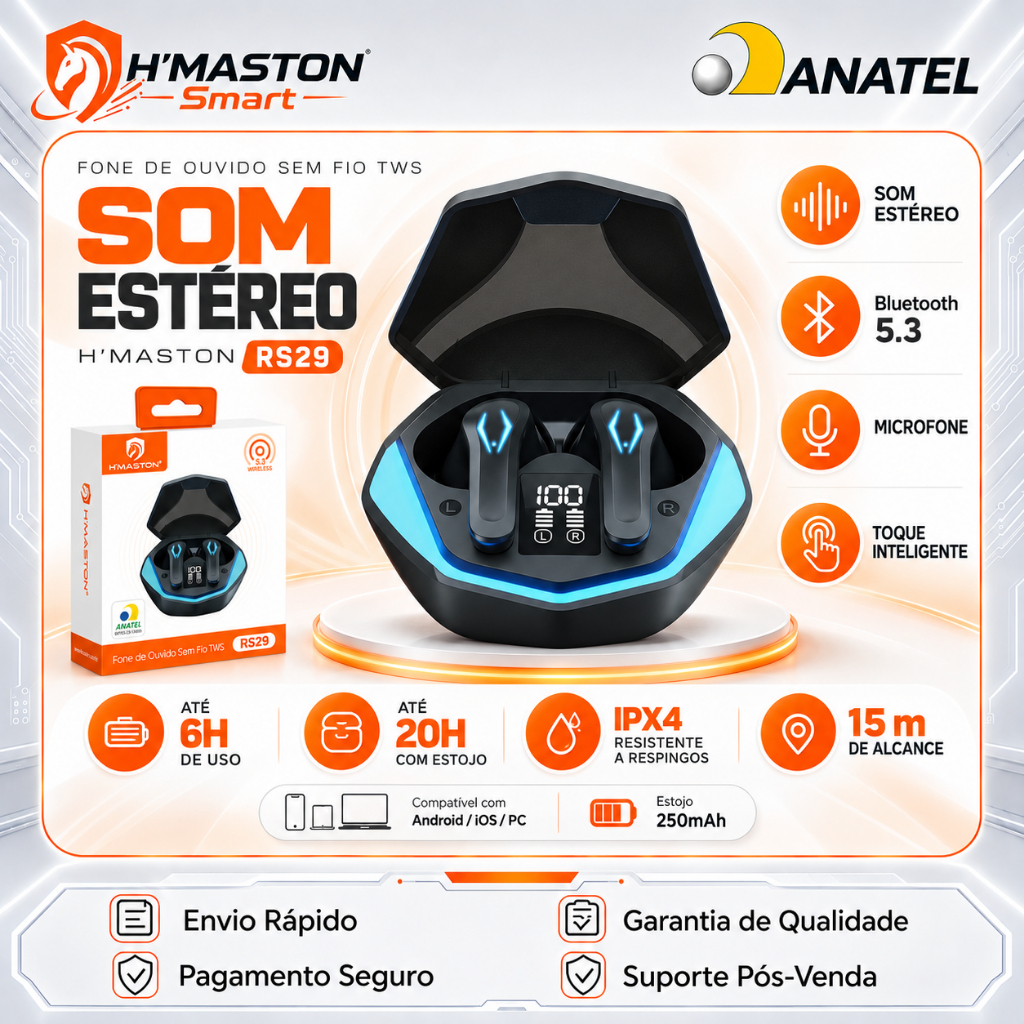 H'MASTON RS29 Fone De Ouvido Bluetooth Sem Fio Fone Bluetooth Fone Sem Fio IPX4 LED Fone Ouvido Bluetooth