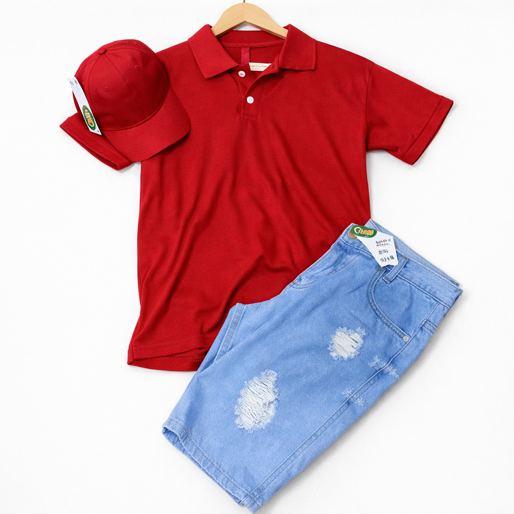 Kit Masculino 3 Peças: Camisa Polo + Bermuda Sarja + Boné Casual Premium