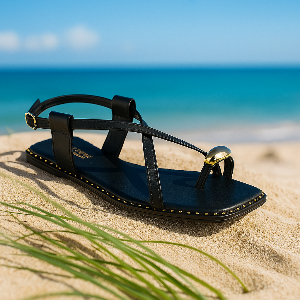 Sandália Feminina Rasteira Chinelo Bico Quadrado Tira Dedinho Rasteirinha Confórtavel Flat Off/Preto