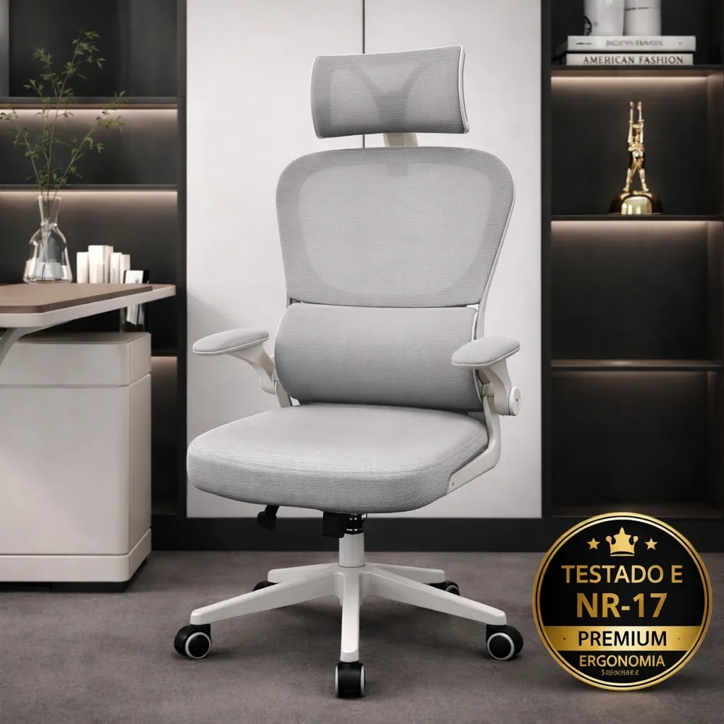 Cadeira de Escritório Ergonômica cinza Giratória com Apoio Lombar e Braços Ajustáveis - BRIELLI HOME