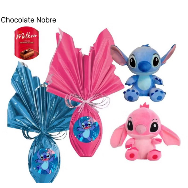 Kit Ovo De Páscoa 250g Pelucia Lilo Stitch 25cm Ovo com Brinquedo Chocolate Nobre