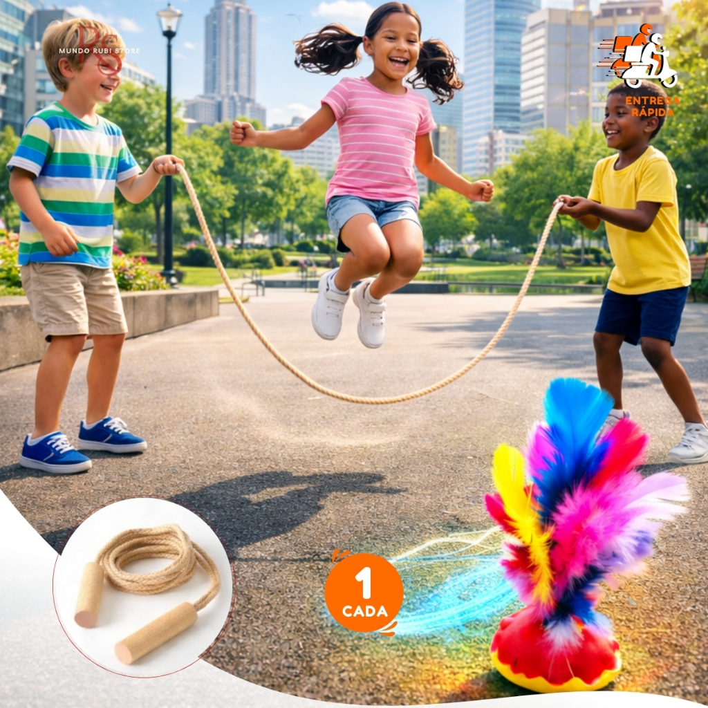 1 Pula Corda Coletivo 5m e 1 Peteca Pro Brinquedos Sisal Reforçado Festa Junina Arraiá Envio Imediato