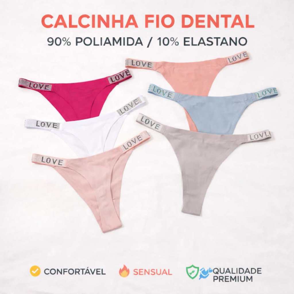 Kit Calcinhas Fio Dental Feminina com Alça em Strass – 3 ou 6 Peças