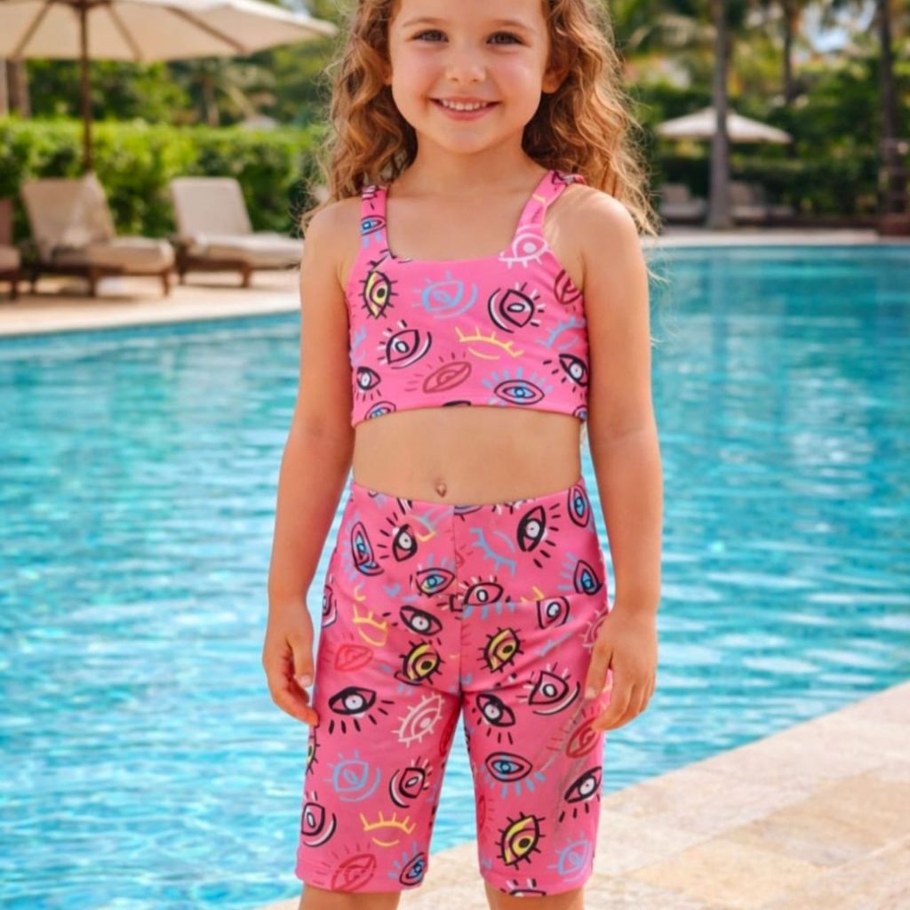 Conjunto Fitness Infantil Feminino Piscina Top E Short De Poliamida Conjunto Ciclista E Top Estampado Verão"