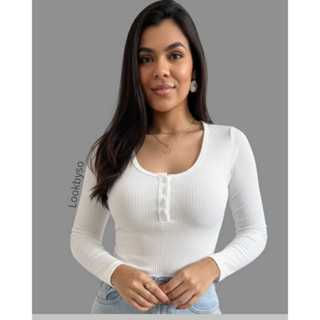 Blusa Feminina Canelada Manga Longa Com Botões Funcionais Blusinha Básica Estilosa Casual em Oferta na Shopee