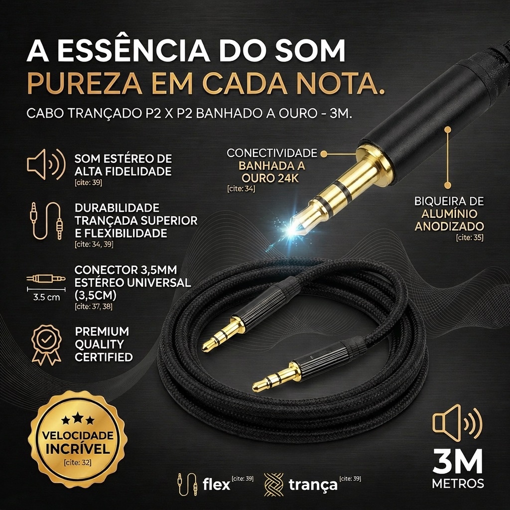 CABO P2 X P2 MACHO SOM ALTA QUALIDADE 3M METROS AÚDIO ESTÉREO ALTO FALANTE 3,5MM CABO TRANÇADO OURO BANHADO