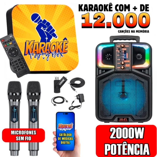 Karaoke Party Box Profissional +12000 Músicas +2 Microfones Sem Fio +Caixa De Som +Sistema Pontuação