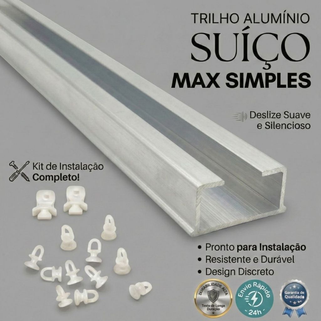 Trilho Suíço Alumínio Reforçado para Cortinas com Instalação no Teto Modelo Max com Opção de Medidas